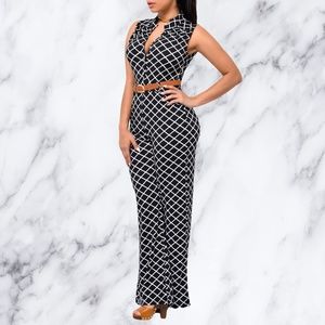 Lattice Print Wide Leg Jumpsuit with Brown Belt